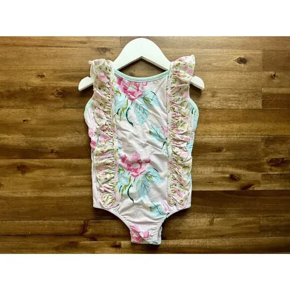 NWT SweetHoney Moxie One Piece Swimsuit Palest Pink Floral Ruffle Preppy 5 - Picture 2 of 6